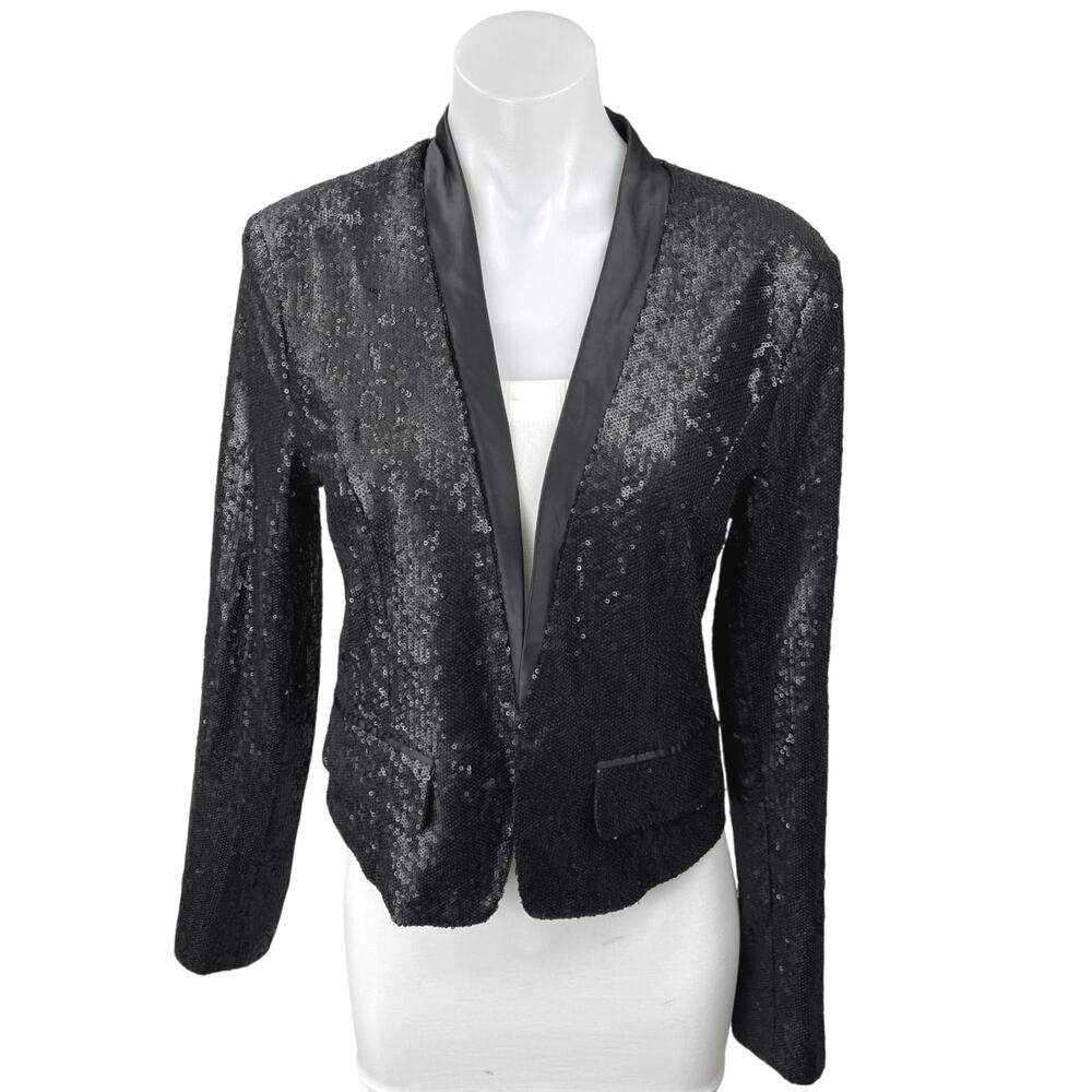 Lucy Paris Black Sequin Satin Open Front Long Sleeve Blazer Coat Jacket Size L